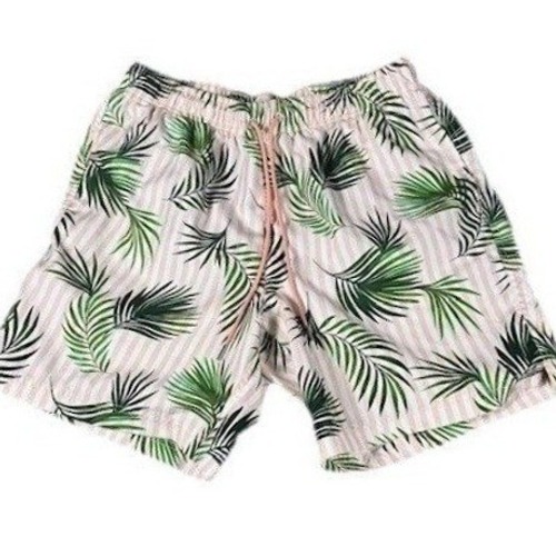 Lands End Swim Trunks Mens L 36-38 Pink Stripe Tropical Palm Leaf Board Shorts